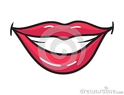 Comic female red lips sticker. Women mouth with lipstick in vintage comic style. Smile pop art retro illustration Vector Illustration