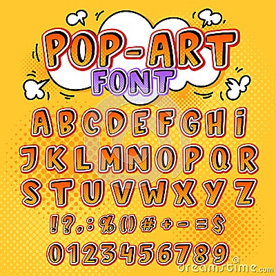 Comic font vector cartoon alphabet letters in pop art style and alphabetic text icons for typography illustration Vector Illustration