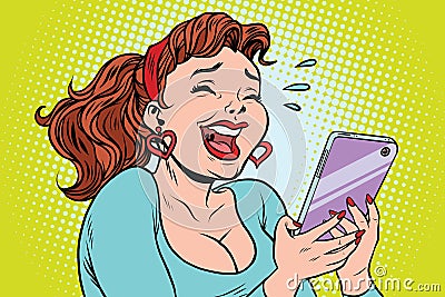 Comic girl laughing to tears reading a smartphone Vector Illustration