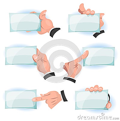 Comic Hands Holding ID Cards Signs Vector Illustration