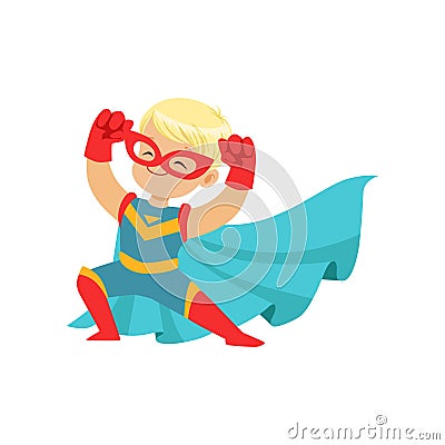 Comic happy kid in superhero costume, red mask and gloves, blue cape developing in the wind, posing and showing muscles. Vector Illustration