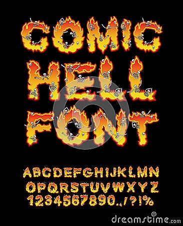 Comic Hell font. inferno ABC. Fire letters. Sinners in hellfire. Vector Illustration