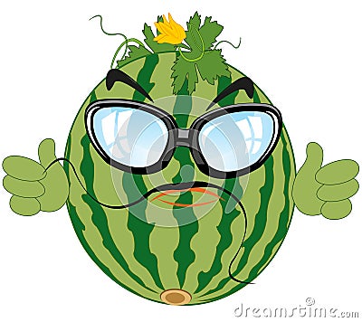 Comic illustration of the alive watermelon bespectacled and with hand Vector Illustration