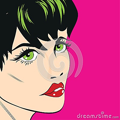 Comic illustration of calm beautiful woman face She is thinking about Cartoon Illustration