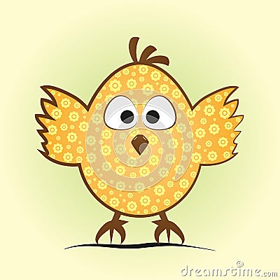 Comic little chicken in an egg shape. Funny chick with a flower Vector Illustration