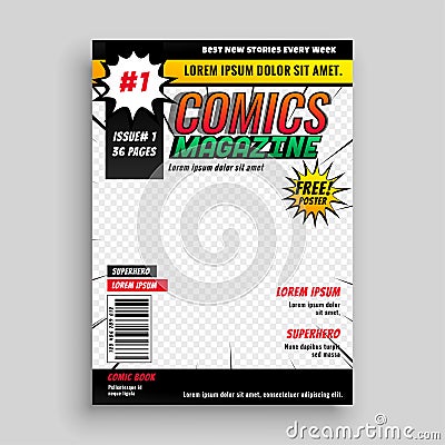 Comic magazine book cover template design Vector Illustration