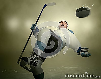 Comic moment of the Ice Hockey game: player dodging puck Stock Photo