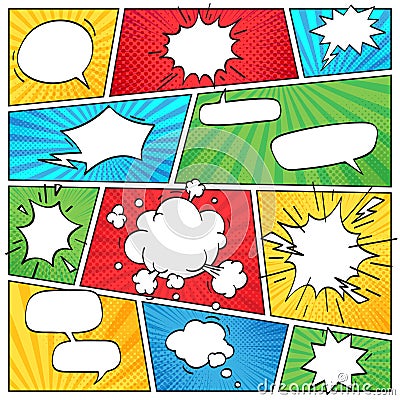 Comic page layout. Funny comics striped scrapbook page with smoke clouds and speech bubbles retro background vector Vector Illustration