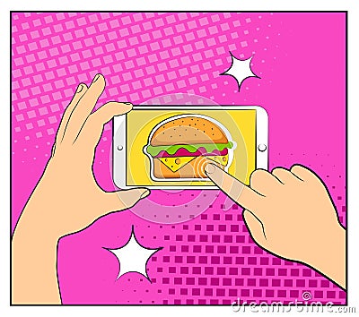 Comic phone with halftone shadows and Hamburger. Hand holding smartphone with buy online internet shopping. Fast food background. Vector Illustration