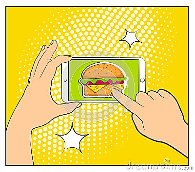 Comic phone with halftone shadows and Hamburger. Hand holding smartphone with buy online internet shopping. Fast food background. Vector Illustration