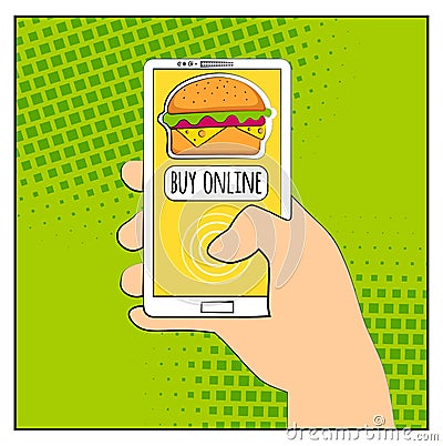 Comic phone with halftone shadows and Hamburger. Hand holding smartphone with buy online internet shopping. Fast food background. Cartoon Illustration