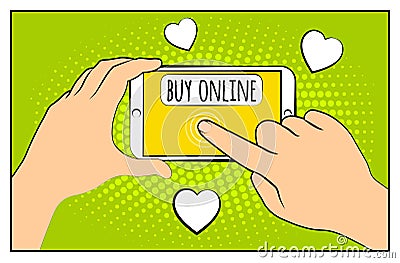 Comic phone with halftone shadows. Hand holding smartphone with buy online internet shopping. Pop art retro style. Flat design. Ve Cartoon Illustration