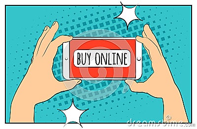 Comic phone with halftone shadows. Hand holding smartphone with buy online internet shopping. Pop art retro style. Flat design. Ve Vector Illustration