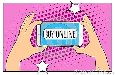 Comic phone with halftone shadows. Hand holding smartphone with buy online internet shopping. Pop art retro style. Vector Illustration