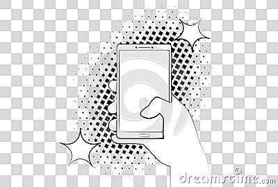 Comic phone with halftone shadows. Hand holding smartphone. Vector illustration eps 10 on background. Vector Illustration