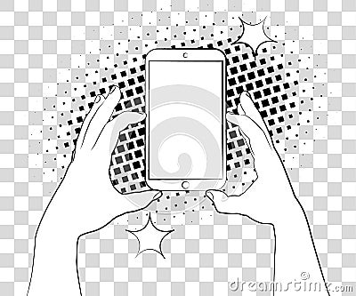 Comic phone with halftone shadows. Hand holding smartphone. Vector illustration eps 10 isolated on background. Vector Illustration