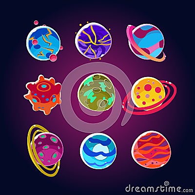 Comic Planets And Space Asteroids Set Stock Photo