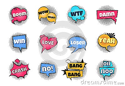 Comic pop art bubbles. Cartoon text balloon wow explosion sticker fun speech bubble comics retro cloud boom bubble Vector Illustration