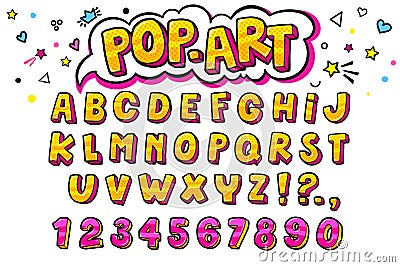 Comic retro letters set. Alphabet letters and numbers in style of comics Vector Illustration