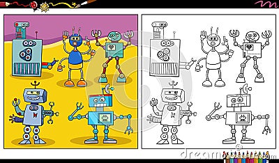 comic robots or droids characters group coloring page Vector Illustration