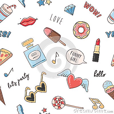 Comic seamless pattern with ice cream, diamond, donut, sunglasses, hashtags Vector Illustration