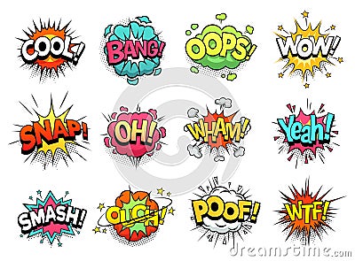 Comic sign clouds. Boom bang, wow and cool speech bubbles. Burst cloud expressions cartoon vector set Vector Illustration