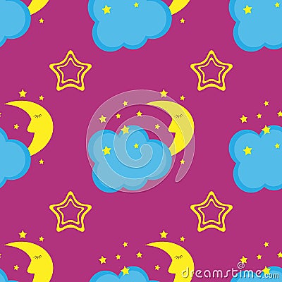 Comic sleep crescent moon, clouds, stars. Kids seamless pattern. Vector Illustration