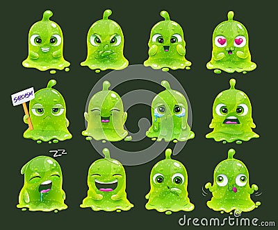 Comic slimy aliens. Funny cartoon green slime characters. Vector Illustration