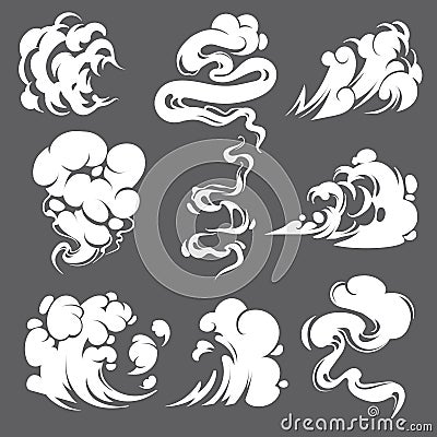 Comic smoke. Clouds steam explosion dust fog smog gas blast dust air trail puff smoking effect fire game draw cartoon Vector Illustration