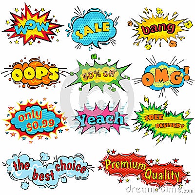 Comic sound effects in pop art vector style. Sound bubble speech with word and comic cartoon expression sounds Vector Illustration