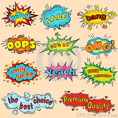 Comic sound effects in pop art vector style. Sound bubble speech with word and comic cartoon expression sounds Vector Illustration