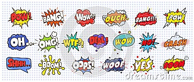 Comic sound speech effect bubbles set on white background illustration. Wow, pow, bang, ouch, crash, woof, no Vector Illustration