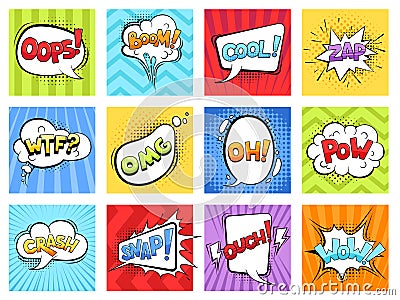 Comic sounds. Cartoon explode stripped burst frames and speech bubbles with words boom vector retro template Vector Illustration