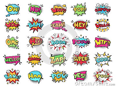 Comic speech bubble. Cartoon comic book text clouds. Comic pop art book pow, oops, wow, boom exclamation signs vector Vector Illustration