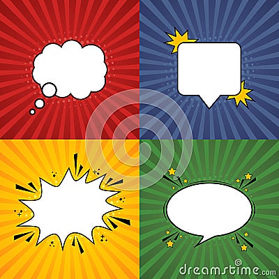 Comic speech bubble. Retro burst background in pop style. Set of retro background form with various colors. Vector Vector Illustration