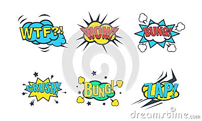 Comic Speech Bubble with Text Set, Comic Sound Effects, Wtf, Wow, Bung, Crush, Zap Vector Illustration Vector Illustration