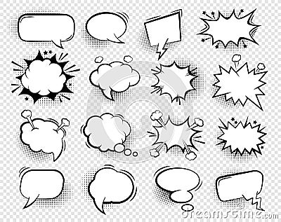 Comic speech bubbles. Blank talk clouds for dialog text with halftone shadows, cartoon empty white thought balloons Vector Illustration