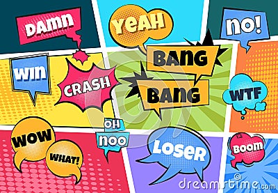 Comic speech bubbles. Cartoon pop art clouds comics page boom bang splash explosion sticker text cloud shape balloon Vector Illustration