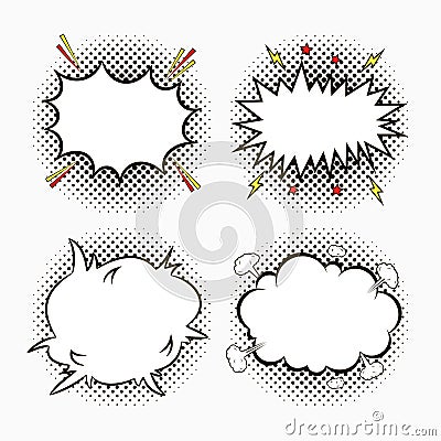 Comic speech bubbles on dots halftone background with stars and lightnings. Sketch of empty dialog effects in pop art style. Vector Illustration