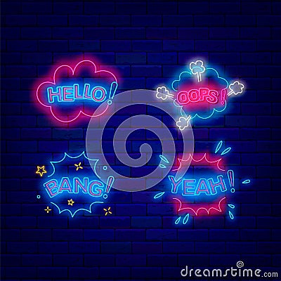 Comic speech bubbles neon signs collection. Hello and Bang. Oops and yeah. Editable stroke. Vector illustration Vector Illustration