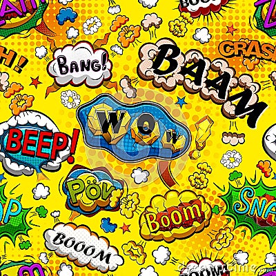 Comic speech bubbles seamless pattern with yellow background vector Vector Illustration