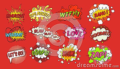 Comic speech bubbles set. Humor pop art emotions expression. Speech clouds with quotes, admiration, anger, label message speak Vector Illustration