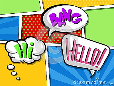 Comic speech bubbles with text set, colorful cartoon sound effects vector Illustrations in pop art style Vector Illustration