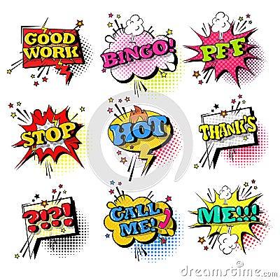 Comic Speech Chat Bubble Set Pop Art Style Sound Expression Text Icons Collection Vector Illustration