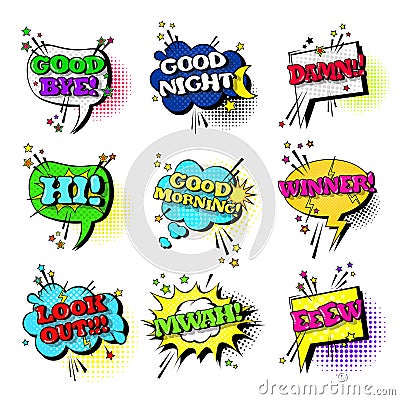 Comic Speech Chat Bubble Set Pop Art Style Sound Expression Text Icons Collection Vector Illustration