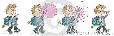 Little schoolboy with a chewing gum Vector Illustration