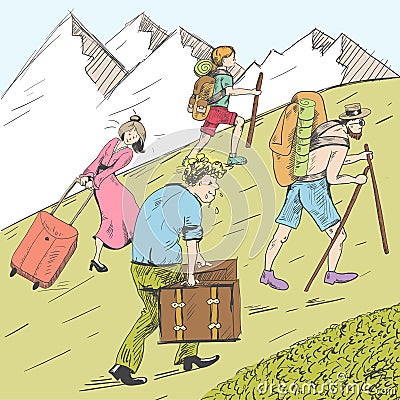 Comic strip. Tired travelers climb a mountain. Tourists follow the guide. Vector Illustration
