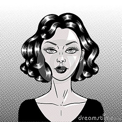Comic style beautiful young brunette woman, pop-art face close-up, vector illustration Vector Illustration