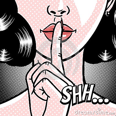 Comic style beautiful young woman holding a finger to her mouth, secret, whisper, psst, pop art, vector illustration Vector Illustration