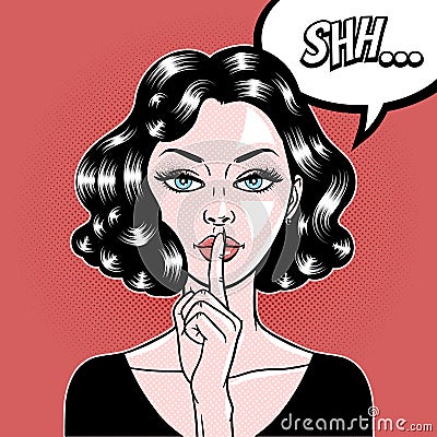 Comic style beautiful young woman holding a finger to her mouth, secret, whisper, psst, pop art, vector illustration Vector Illustration